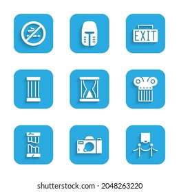 Set Old hourglass with sand, Photo camera, Picture rope barrier, Ancient column, Broken ancient, Exit sign and No Smoking icon. Vector