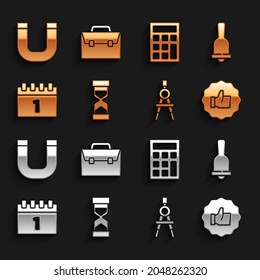 Set Old hourglass with sand, Ringing bell, Hand thumb up, Drawing compass, Calendar first september date, Calculator, Magnet and Briefcase icon. Vector