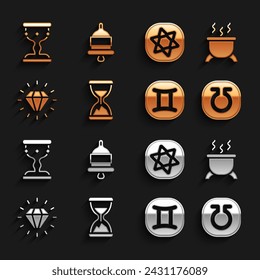 Set Old hourglass with sand, Witch cauldron, Life, Gemini zodiac, Diamond, Tarot cards, Medieval goblet and Ringing alarm bell icon. Vector