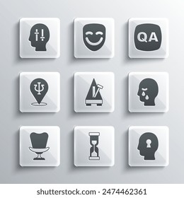 Set Old hourglass, Solution to the problem, Man graves funeral sorrow, Metronome with pendulum, Armchair, Psychology, Psi,  and Question and Answer icon. Vector