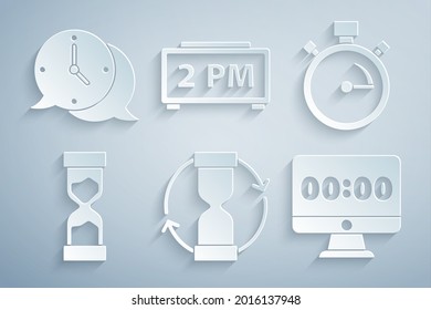 Set Old hourglass, Stopwatch, Clock on monitor, Digital alarm clock and speech bubble icon. Vector
