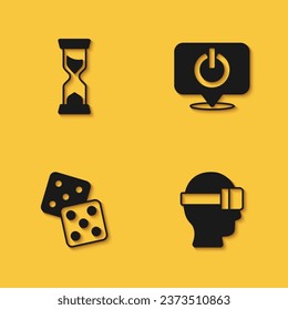Set Old hourglass, Virtual reality glasses, Game dice and Power button icon with long shadow. Vector