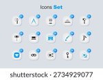 Set Old key, Blacksmith anvil tool, Air blower bellows, Metallic nails, Medieval axe and oven icon. Vector