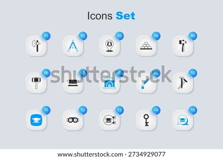 Set Old key, Blacksmith anvil tool, Air blower bellows, Metallic nails, Medieval axe and oven icon. Vector
