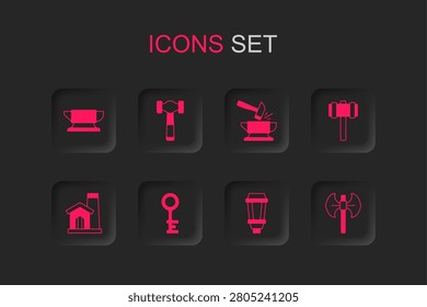 Set Old key, Hammer, Blacksmith anvil tool, Garden light lamp, Sledgehammer, Medieval poleaxe, Anvil and and Smithy workshop interior icon. Vector