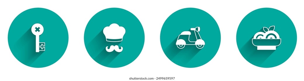 Set Old key, Italian cook, Scooter and Pasta spaghetti icon with long shadow. Vector