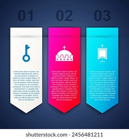Set Old key, King crown and Medieval flag. Business infographic template. Vector