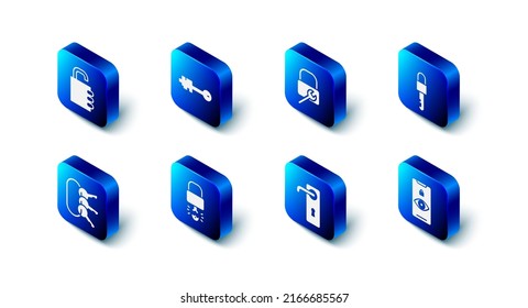 Set Old key, Lock repair, Locked, Eye scan, Door handle, Key broke inside of padlock, Bunch keys and Safe combination icon. Vector