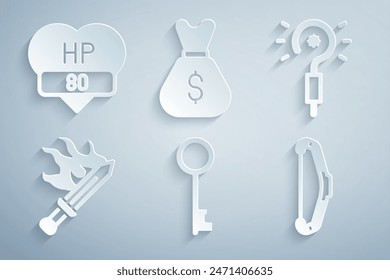 Set Alte Taste, Zauberstab, Schwert für Spiel, Mittelalterliche Schleife, Geldtasche und Video-Bar-Symbol. Vektorgrafik