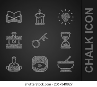 Set Old key, Masons, Mortar and pestle, hourglass with sand, Poison in bottle, Bottle potion, Diamond and Ancient magic book icon. Vector