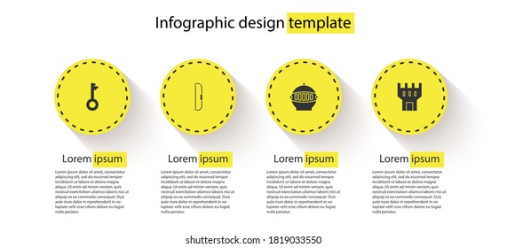 Set Old key, Medieval bow, iron helmet and Castle tower. Business infographic template. Vector.