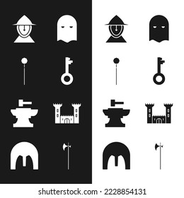 Set Old key, Medieval chained mace ball, iron helmet, Executioner mask, Anvil for blacksmithing hammer, Castle, halberd and icon. Vector