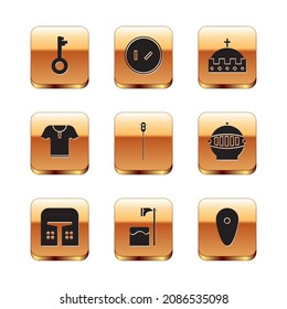 Set Old key, Medieval iron helmet, Executioner axe in tree block, chained mace ball, Body armor, King crown, Shield and Round wooden shield icon. Vector