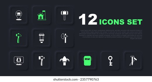 Set Old key, Metallic nails, Garden light lamp, Welding mask, Hammer, Smithy workshop interior and Classic iron fence icon. Vector