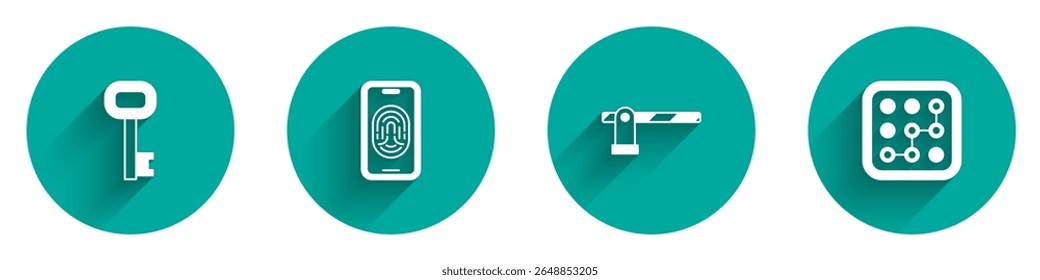 Conjunto de llave antigua, móvil con escáner de huellas dactilares, barrera del coche de estacionamiento e ícono de protección de Contraseña gráfica con sombra larga. Vector
