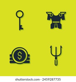 Llave antigua, Tridente Neptuno, Moneda antigua e icono de armadura. Vector