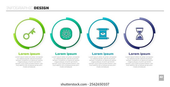 Set Old key, Pentagram in a circle, Ancient magic scroll and hourglass with sand. Business infographic template. Vector