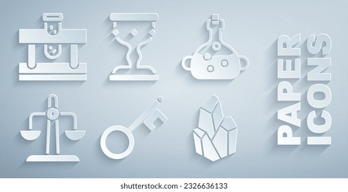 Set Old key, Poison in bottle, Libra zodiac, Magic stone, Medieval goblet and Bottle with potion icon. Vector
