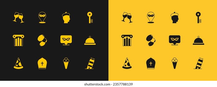 Set Old key, Pope hat, Carnival mask, Ice cream in waffle, Olives, French man, Wine glass and  icon. Vector