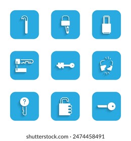 Set Old key, Safe combination lock, Key, Broken or cracked, Undefined, Marked, Lock and Crowbar icon. Vector