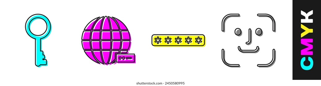 Set Old key, Social network, Password protection and Face recognition icon. Vector