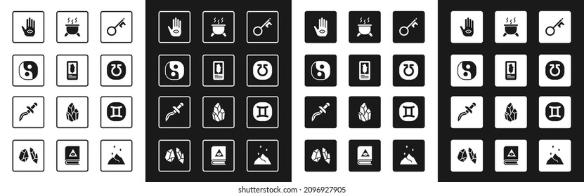Juego de la llave antigua, tarjetas Tarot, Yin Yang, mano Hamsa, vida, caldero de bruja, zodiaco de Gemini e icono de Dagger. Vector