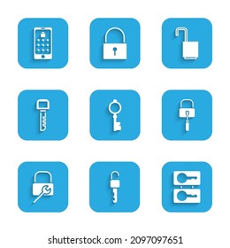 Set Old key, Unlocked, Casting keys, Lock picks for picking, repair, Key, Open padlock and Mobile and graphic password icon. Vector