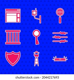 Ajuste la llave antigua, la torre de vigilancia, la sirena del lavaparabrisas, el alambre de púas, el escudo, la ventana de la prisión, la búsqueda de vidrio de aumento y el icono de la plantilla del sitio web. Vector