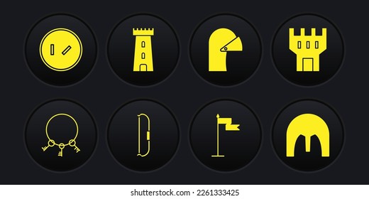 Set Old keys, Castle tower, Medieval bow, flag, iron helmet,  and Round wooden shield icon. Vector