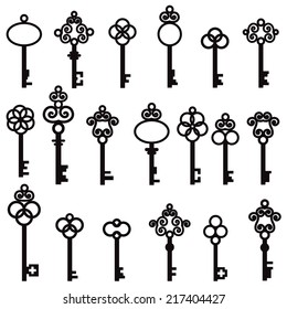 Set of old keys with decorative elements in retro style. Vector illustration 