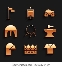 Set Old keys, King crown, Body armor, Anvil for blacksmithing hammer, Medieval iron helmet, Wooden four-wheel cart and flag icon. Vector