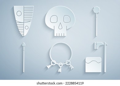 Set Old keys, Medieval chained mace ball, spear, Executioner axe tree block, Skull and Shield icon. Vector