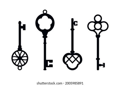 Set of old keys silhouette. Old key crafts. Retro key silhouettes vector template for logo design.