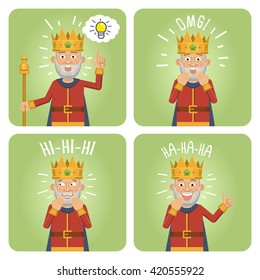 Set of old king characters posing in different situations. Cheerful king laughing, pointing up, crying, showing thumb up gesture. Emoticons, emoji. Flat style vector illustration