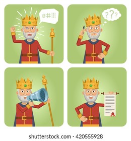 Set of old king characters posing in different situations. Cheerful medieval monarch talking on cell phone, thinking, angry, holding loudspeaker, scroll. Flat style vector illustration