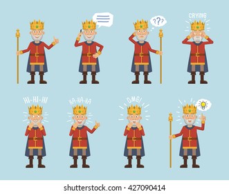 Set of old king characters posing in different situations. Cheerful king talking on phone, thinking, pointing up, crying, laughing, surprised, showing thumb up gesture. Flat style vector illustration