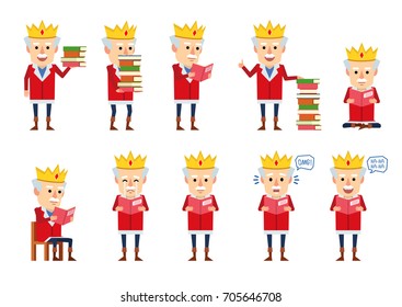 Set of old king characters posing with book in various situations. Cheerful king reading a book, crying, surprised and showing other actions. Simple vector illustration