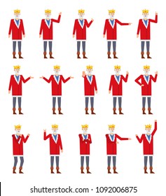 Set of old king characters showing various hand gestures. Cheerful king pointing, greeting, showing victory hand, thumb up, stop sign and other gestures. Flat design vector illustration