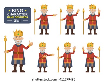 Set of old king characters showing different hand gestures. Cheerful king showing thumb up gesture, waving, greeting, pointing, this way, victory hand. Flat style vector illustration