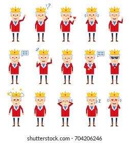 Set of old king characters showing various emotions. Funny king laughing, surprised, angry, crying, dazed, in love and showing other emotions. Simple vector illustration