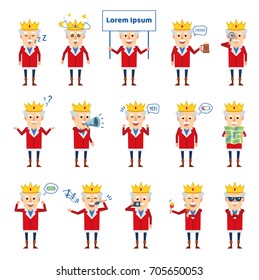 Set of old king characters showing various actions. Cheerful king holding map, signboard, loudspeaker, sleeping and showing other actions. Simple vector illustration