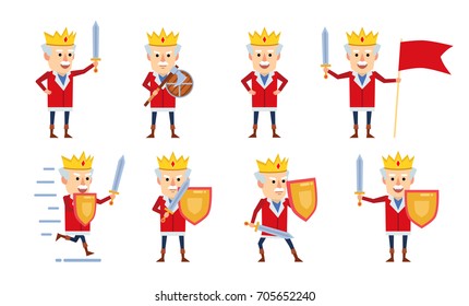 Set of old king characters showing various battle actions. Cheerful king holding sword and shield, attacking and showing other actions. Simple vector illustration
