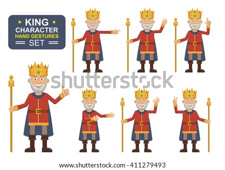 Set of old king characters showing different hand gestures. Cheerful king showing thumb up gesture, waving, greeting, pointing, this way, victory hand. Flat style vector illustration