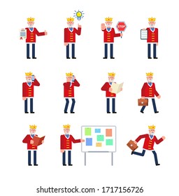 Set of old king characters in various situations. King in red robe holding stop sign, document, reading book and showing other actions. Minimal design vector illustration