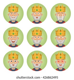 Set Of Old King Emoticons. King Avatars Showing Different Emotions. Happy, Smile, Sad, Cry, Angry, Love, Surprised, Upset, Laugh And Other Facial Expressions. Flat Style Vector Illustration