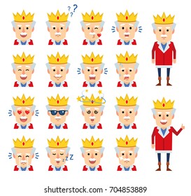 Set of old king emoticons showing various facial expressions. Cheerful king laughing, crying, surprised, angry and showing other emotions. Simple vector illustration