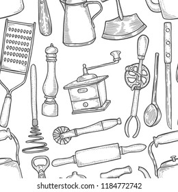Set of old kitchen utensils in the style of engraving, Background black and white seamless