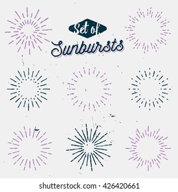 set of old light rays, retro sunbursts, vintage sun rays, lined flashes and sparkles, hand drawn badges, labels, signs, design elements, stock vector