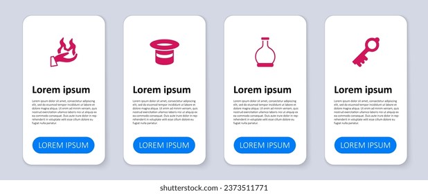 Set Old magic key, Bottle with potion, Magic hat and Hand holding fire. Business infographic template. Vector