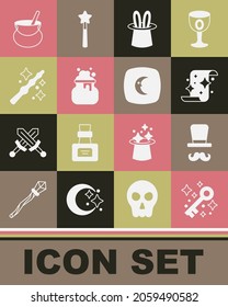 Set Old magic key, Magician, scroll, hat and rabbit ears, Witch cauldron, wand,  and Moon stars icon. Vector